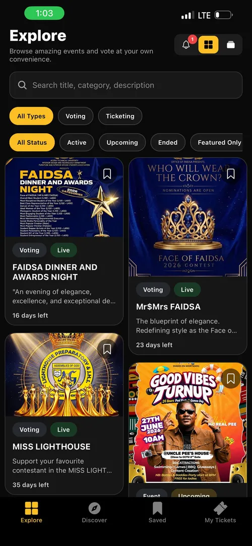 The real SparkGlim Audience app showing public campaigns