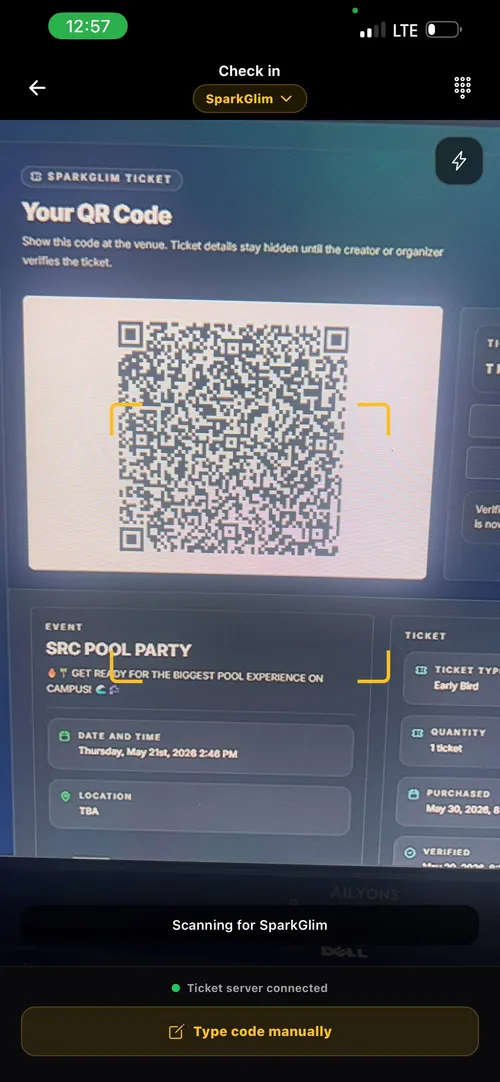 SparkGlim Creator app showing its real ticket scanning interface